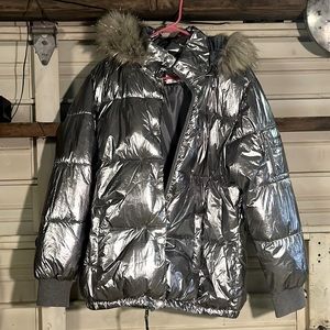 Justice silver puffer coat girls size 20 no rips no tears